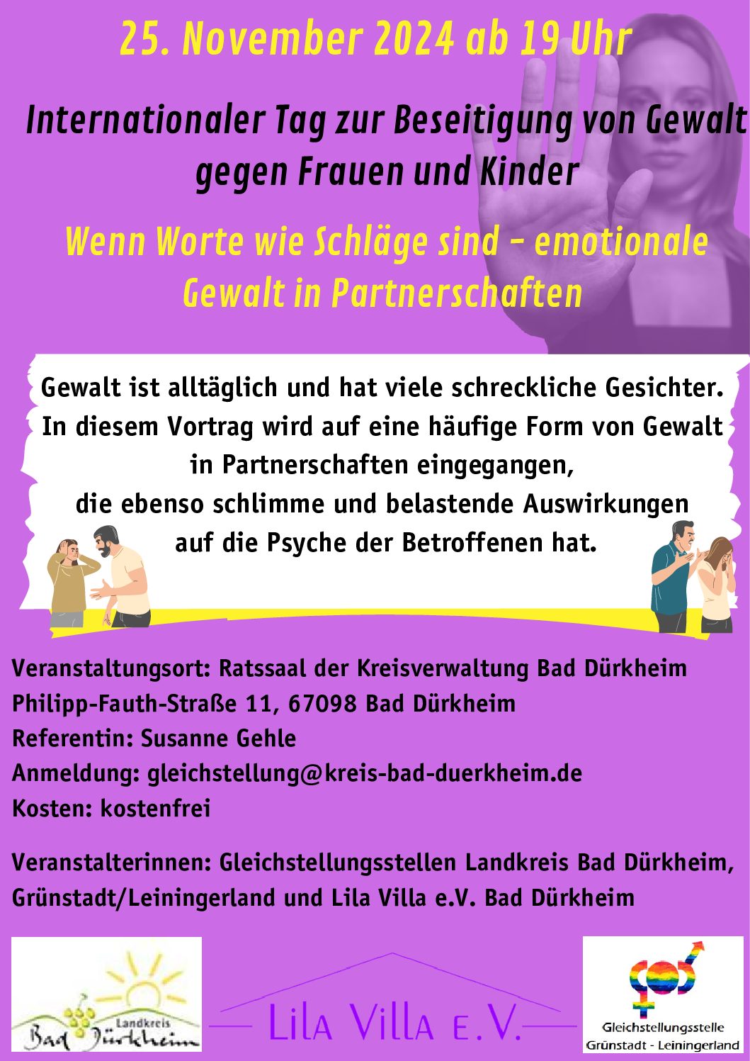 „Wenn Worte wie Schläge sind – emotionale Gewalt in Partnerschaften“ – Vortrag anlässlich des Internationalen Tag zur Beseitigung von Gewalt gegen Frauen